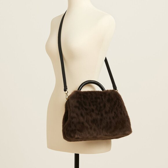 J. McLaughlin Fiona Faux Fur Handbag in Leopard Leather Strap Gold Hardware - Picture 1 of 9